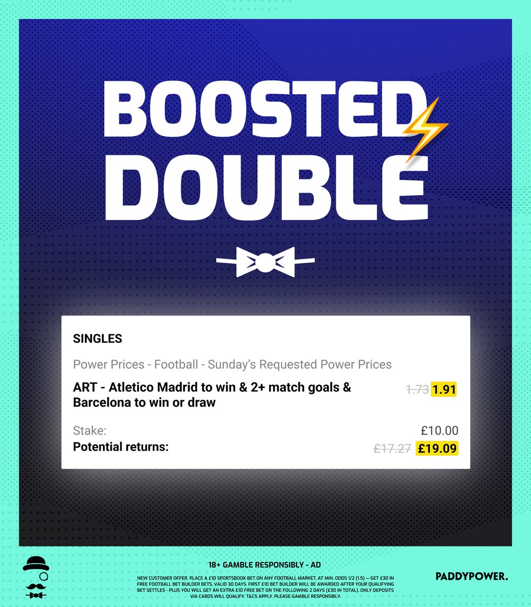 AndyRobsonTips's tweet photo. ⚡️ Sunday Boosted Double

Atletico Madrid to win with over 1.5 goals &amp; Barcelona to win or draw.

Load bet: https://t.co/SjsUWZzqIW

🇪🇸 15:15 KO

🎁 Join Paddy Power, bet £10 on my Boosted Double &amp; get £30 in Free Bets.

Claim here: https://t.co/9Q4i63bgu0

18+, T&amp;Cs Apply. Ad. https://t.co/a0RaXevsUo