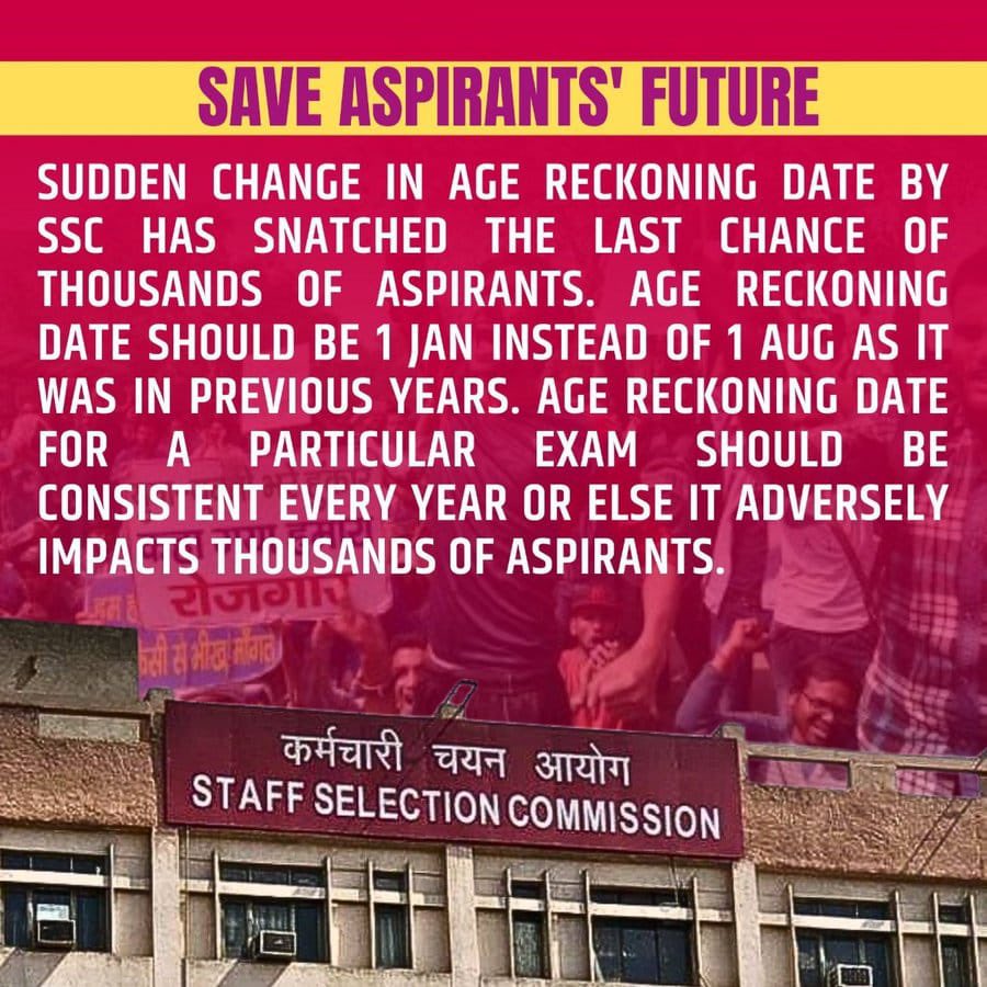 ThePradeepRawat's tweet photo. What is the fault of these #SSC_CGL aspirants?
They have been suddenly made ineligible to appear for their last chance for SSC Jobs because suddenly date of reckoning was changed!
They deserve one final chance #SSC_CGL_1_JAN 

@IndiaParentsAll 
@ParentsGurgaon 
@ashokdilliwala 
@vinodkapri 
@bhariok_ritu 
@erPawanBhadana