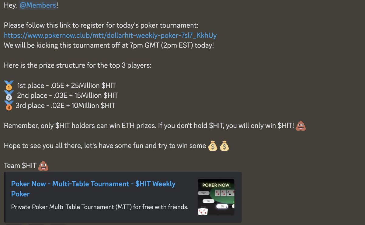 GM Everyone!

Just a reminder that we have our <a href="/sappyseals/"></a> giveaway happening in ~6.5 hours for $HIT holders. 🎉

We've also got the first of our poker tournaments where we're giving away ETH and $HIT to winners! 💰

Get some $HIT and come join us: 🐸 discord.gg/hitcoineth