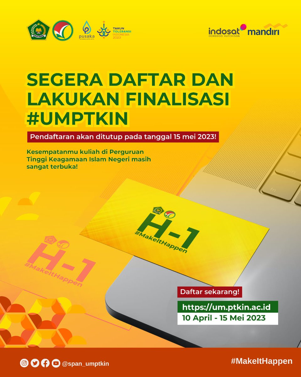 span_umptkin's tweet photo. Yuk segera daftar dan lakukan finalisasi data. Pendaftaran UM-PTKIN tinggal sehari lagi, segera siapkan diri untuk menggapai mimpi.

https://t.co/iSVWV0D5LB

#umptkin2023 #spanumptkin2023 #makeithappen https://t.co/7u3cpyndWP