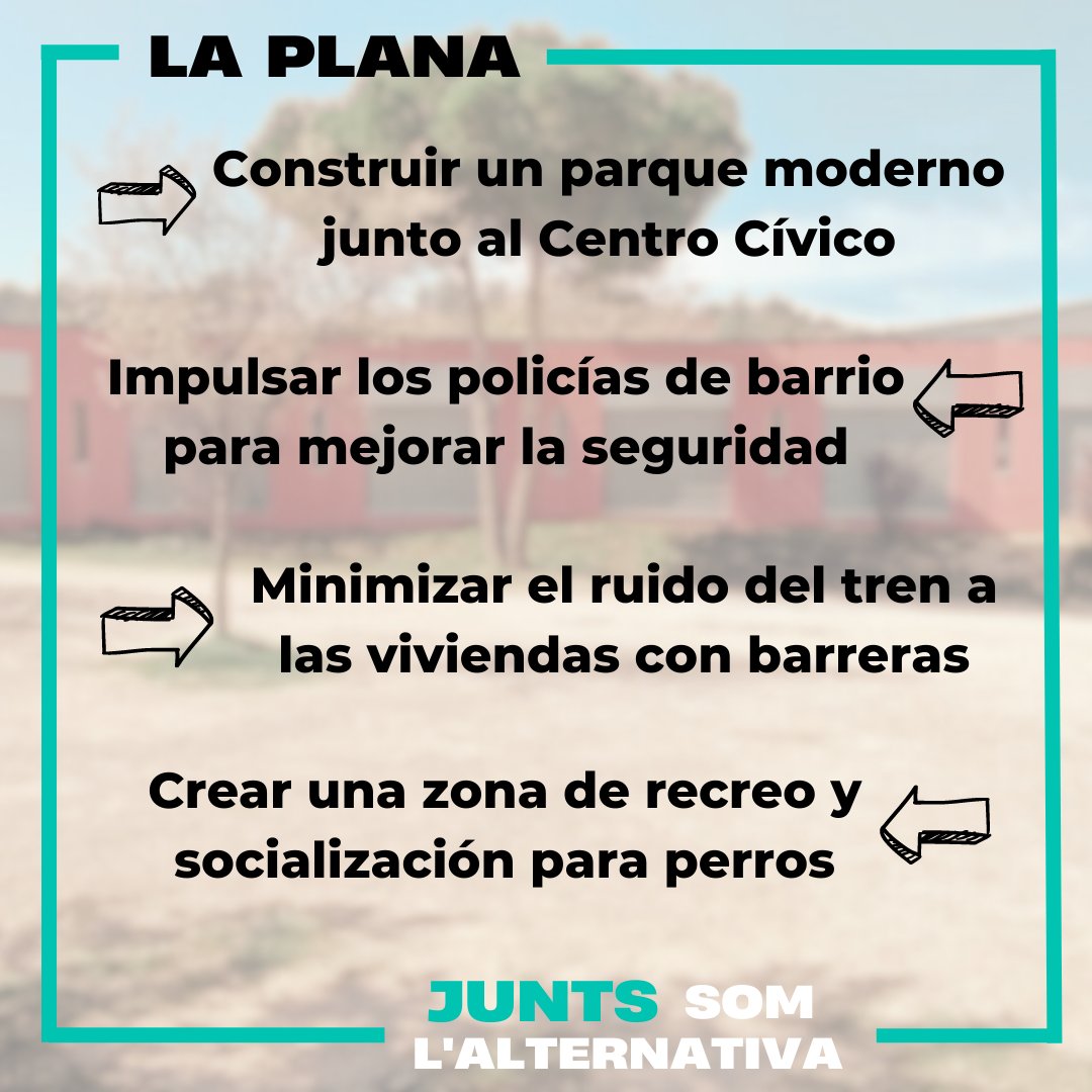 Per la Plana:

🌲Construir un parc modern al costat del Centre Cívic.

👮‍♂️Impulsar els policies de barri per millorar la seguretat.

🚞Minimitzar el soroll del tren als habitatges amb barreres.

🐶Crear una zona d'esbarjo i socialització per a gossos.

Junts som l'alternativa!