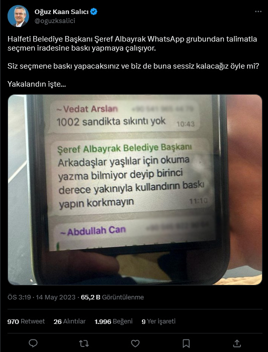 CHP'li Salıcı: AKP'li Halfeti Belediye Başkanı seçmene baskı yapma talimatı verdi

tele1.com.tr/ilk-secim-ihla…