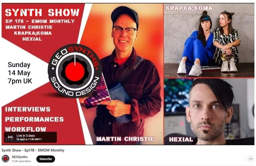 Tonight at 7pm UK time we'll chat with <a href="/GeoSynths/">GEOSynths</a> Jamie &amp; @mart_christie and Hexial about electronic music and much more!
🎹🎵🎧🎶🎹

Join the chat ✨
youtube.com/live/QGj4PUO_f…