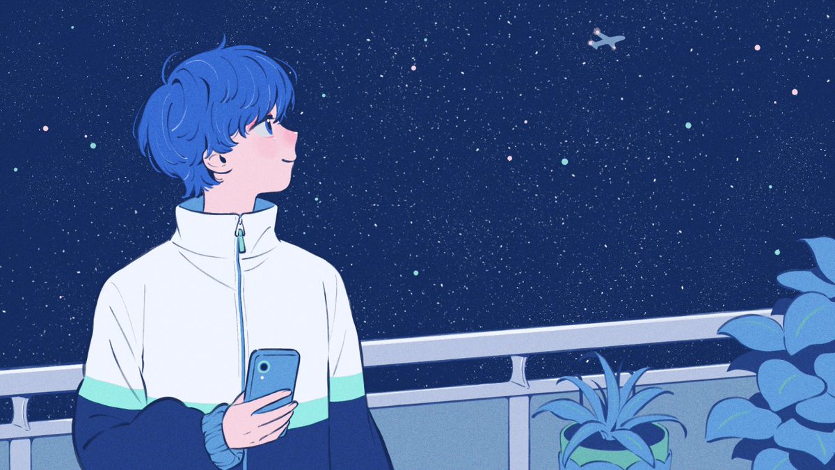 solo 1boy blue hair male focus star (sky) plant holding  illustration images