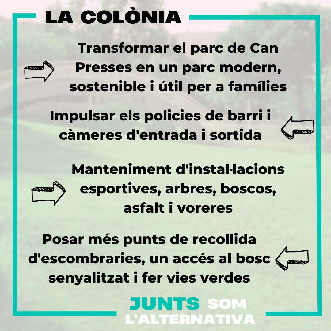 juntsxsab's tweet photo. La Colònia:

🌲Transformar el parc de Can Presses en un parc modern, sostenible i útil per a famílies.

👮‍♂️Impulsar els policies de barri i càmeres d'entrada i sortida.

🪛Manteniment d'instal·lacions esportives, arbres, boscos, asfalt i voreres.

Junts som l'alternativa! https://t.co/lxC6wtTpay