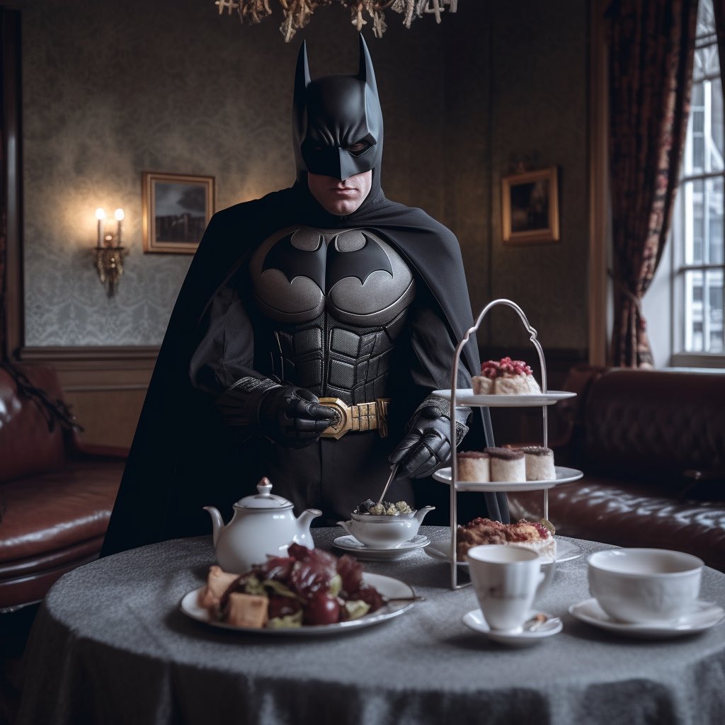 Gresshelm's tweet photo. Sunday afternoon tea with the Dark Knight #Aiart #digitalArt #Midjourney https://t.co/68YwV3mIMS