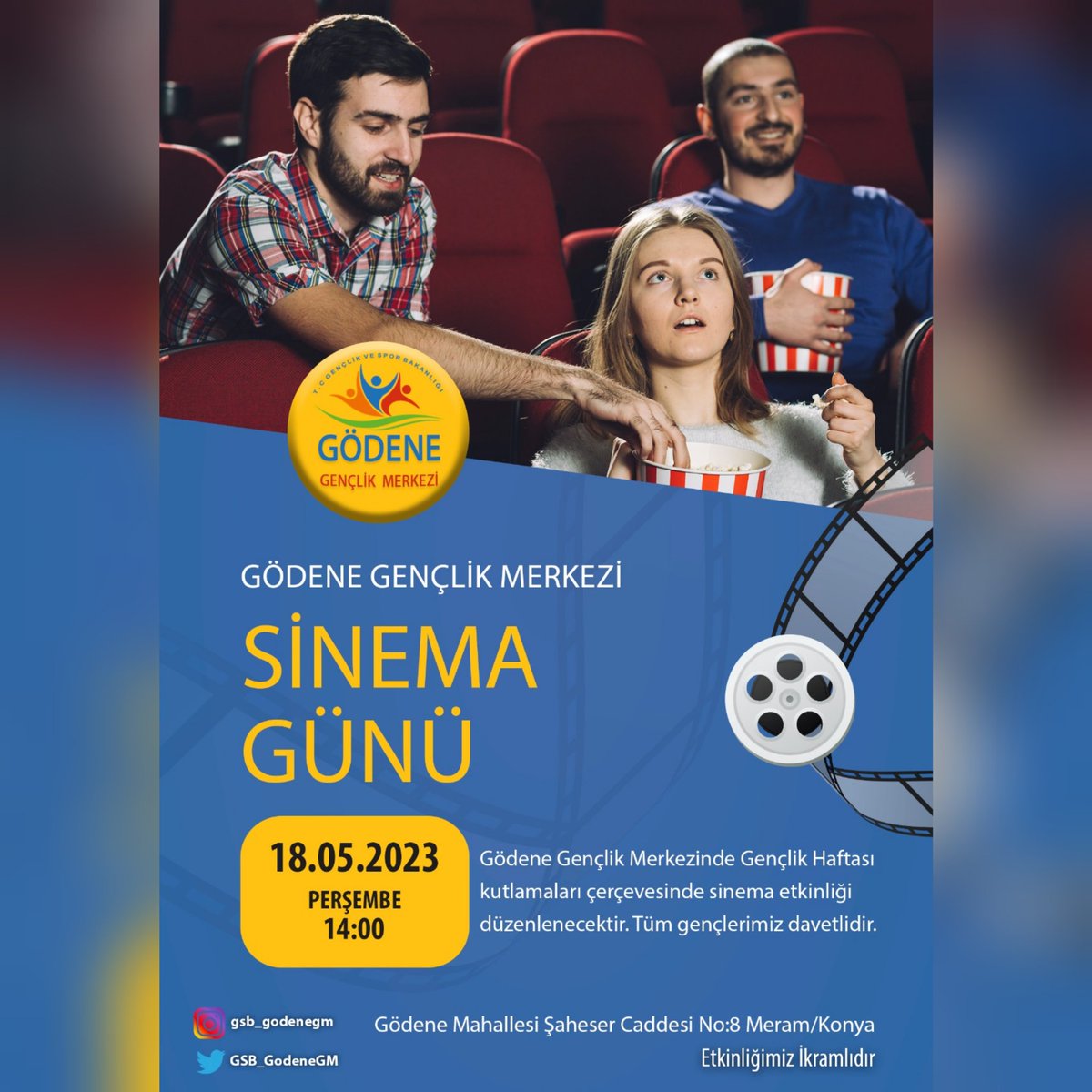 Gödene Gençlik Merkezi Gençlik Haftası kültür sanat etkinlikleri kapsamında gösterime sunulacak film izletisine tüm gençlerimiz davetlidir🎬📽🥰
🗓18.05.2023
⏰️14:00
📍Gödene Gençlik Merkezi