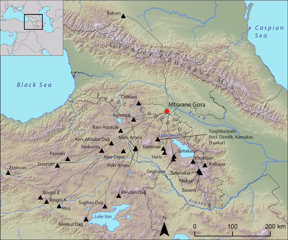 New paper on resources from the Caucasus:

Map of the South Caucasus showing key Caucasus and East Anatolian obsidian sources (black triangles). Least cost paths (gray lines) show the path of minimum walking time from Mtsvane Gora to each obsidian source.

sciencedirect.com/science/articl…