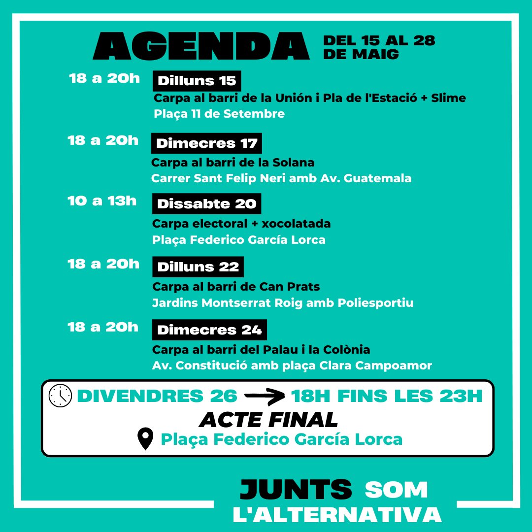 Us presentem el nostre calendari electoral:

Les nostres carpes per presentar el nostre programa als veïns amb les activitats corresponents.

L'acte final donarem més detalls aviat!!❗️❗️

Junts som l'alternativa!