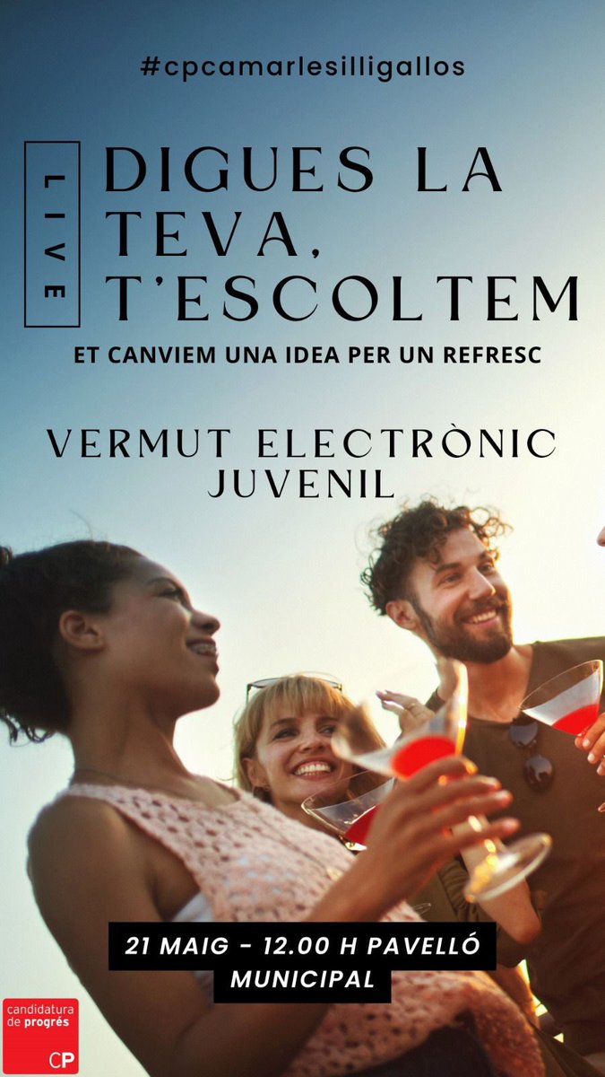 Martiv3's tweet photo. T’animes a venir?

El proper diumenge 21 de maig a les 12.00h et convidem a venir al pavelló municipal, al vermut electrònic juvenil.

Si et sents jove o pots aportar idees per la juventut, també estàs convidat!

T’ho perdràs? DIGUES LA TEVA, T’ESCOLTEM! https://t.co/VKfwGS9PEO