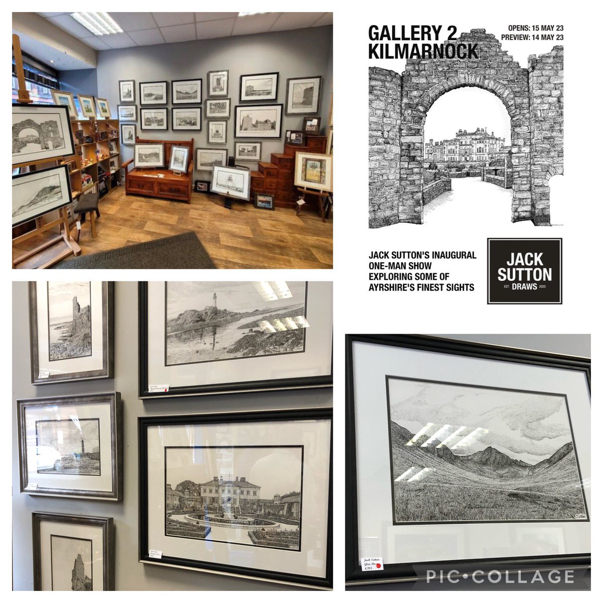 A lovely afternoon at Gallery2 in Kilmarnock, celebrating @JackSuttonDraws inaugural one-man show. The first but definitely not the last. A gorgeous collection of Ayrshire’s finest sights on display. Show opens tomorrow 15th May. Not to be missed!