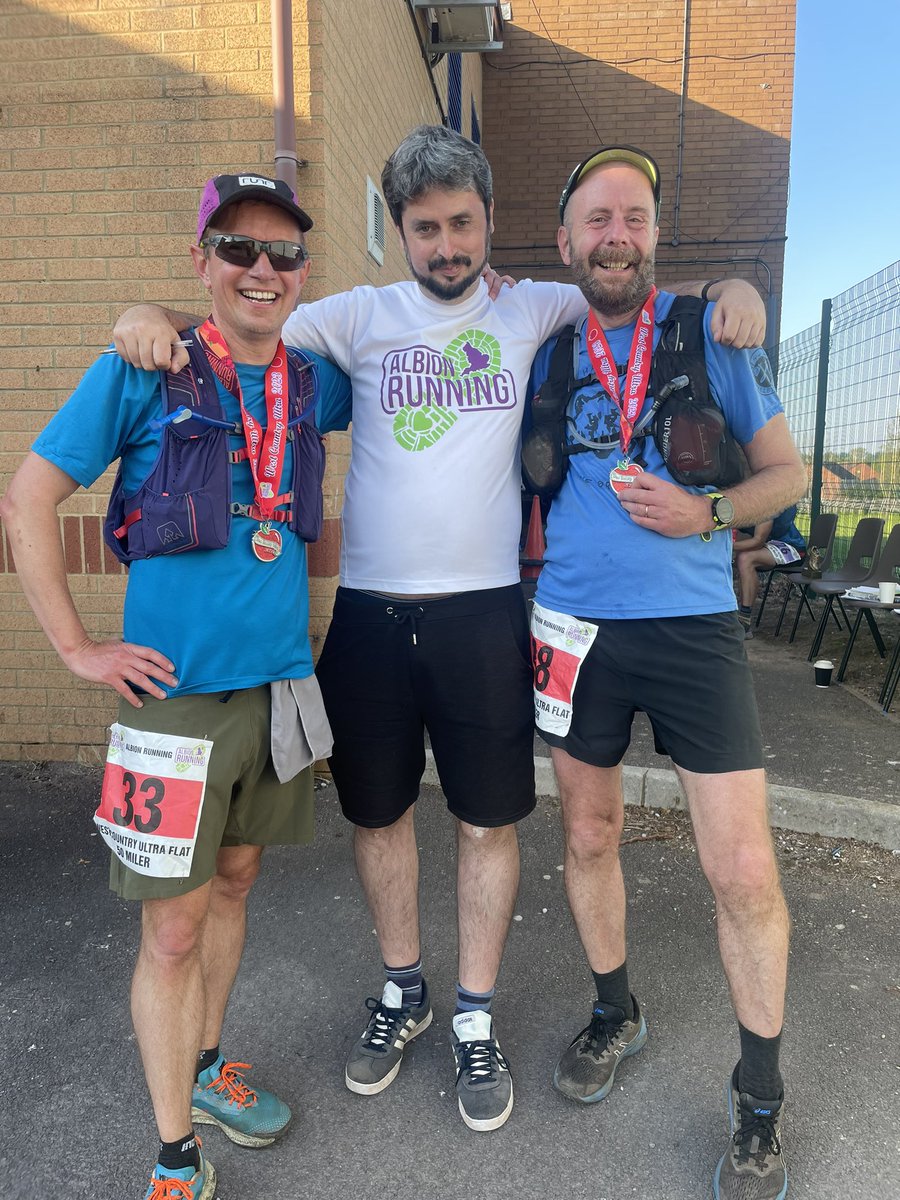 ChrisJSquire's tweet image. What a gloriously bonkers day that was yesterday! 52-miles of Somerset, Taunton to Minehead via Bridgwater, Hinkley, Kilve, Watchet, Blue Anchor. Waddling like a penguin today, but happy. Here’s @GeekDadGamer &amp;amp; me with lovely Dave Urwin, race director, at finish @albionrunninguk