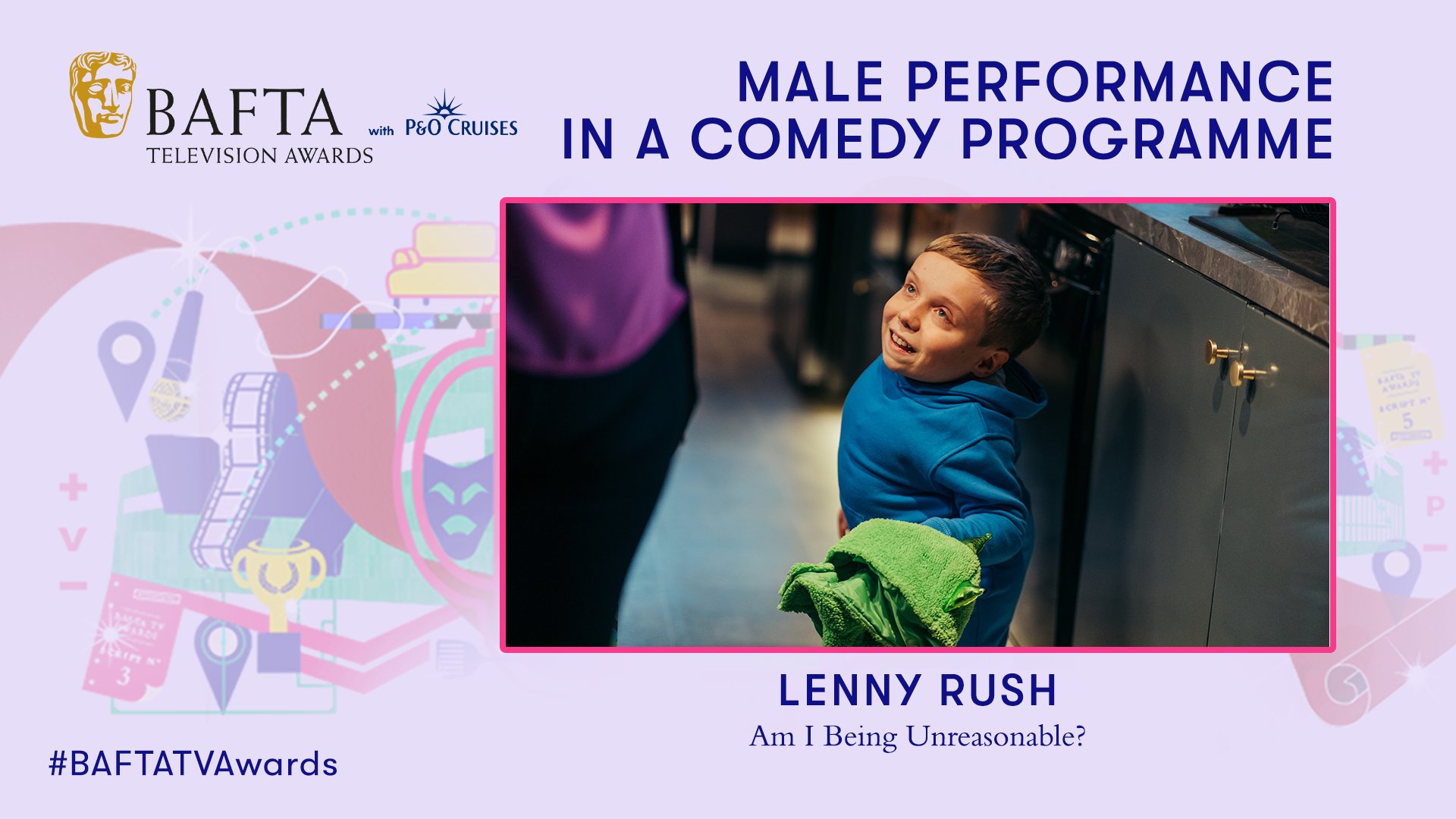 Designed graphic featuring colourful artwork and an image of Lenny Rush. The text reads 'Male Performance in a Comedy Programme, Lenny Rush, Am I Being Unreasonable?' 
