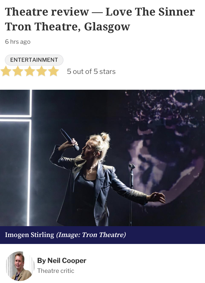 Thank you so much to everyone who came to see Love The Sinner at @TronTheatre. From sold out shows to a five star review, it really was a thrill. We head to @traversetheatre on Tuesday and Wednesday next week. Join us! Tickets here: traverse.co.uk/whats-on/event…