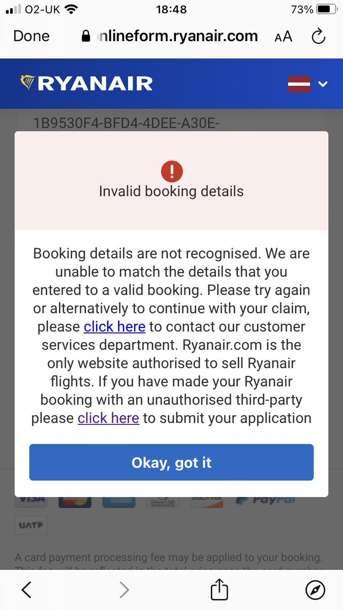 shell_in_notts's tweet photo. @askryanair I keep getting this error when I have uploaded my documents for compensation - can you please advise? I have ticket my flights against my booking so it’s clear the system found it… https://t.co/CIPJQURoHj