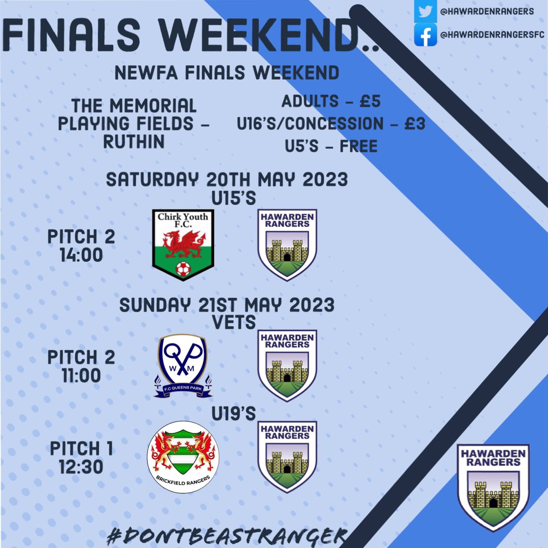 🔵🏆FINALS WEEKEND🏆🔵

Next weekend is ‘NEWFA Finals Weekend’ and we have 3 teams representing the club! We look forward to seeing you at home of @RuthinTownFC showing your ever valued support - details below ⤵️

#DontBeAStranger