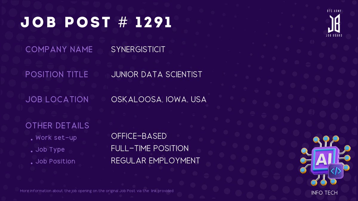 BTSARMYJobBoard's tweet photo. #BAJBUSA
CHICAGO, ILLINOIS, USA
https://t.co/v2FW2LS07A
#BAJBInfoTech
ARMYs, kindly contact the job poster / hiring party directly for more information. π€
Good luck! π https://t.co/PqYH10ZzcU