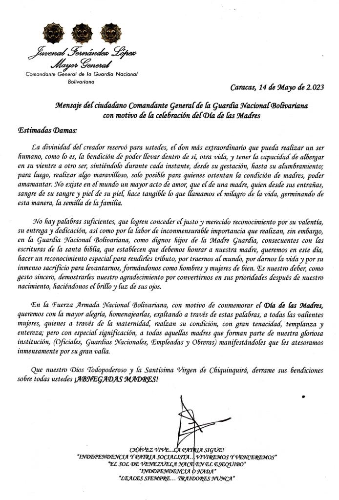 #14May •|| Mensaje de nuestro Comandante General de la Guardia Nacional Bolivariana para todas aquellas madres que día a día cumplen un rol extraordinario en cada uno de nuestros hogares.