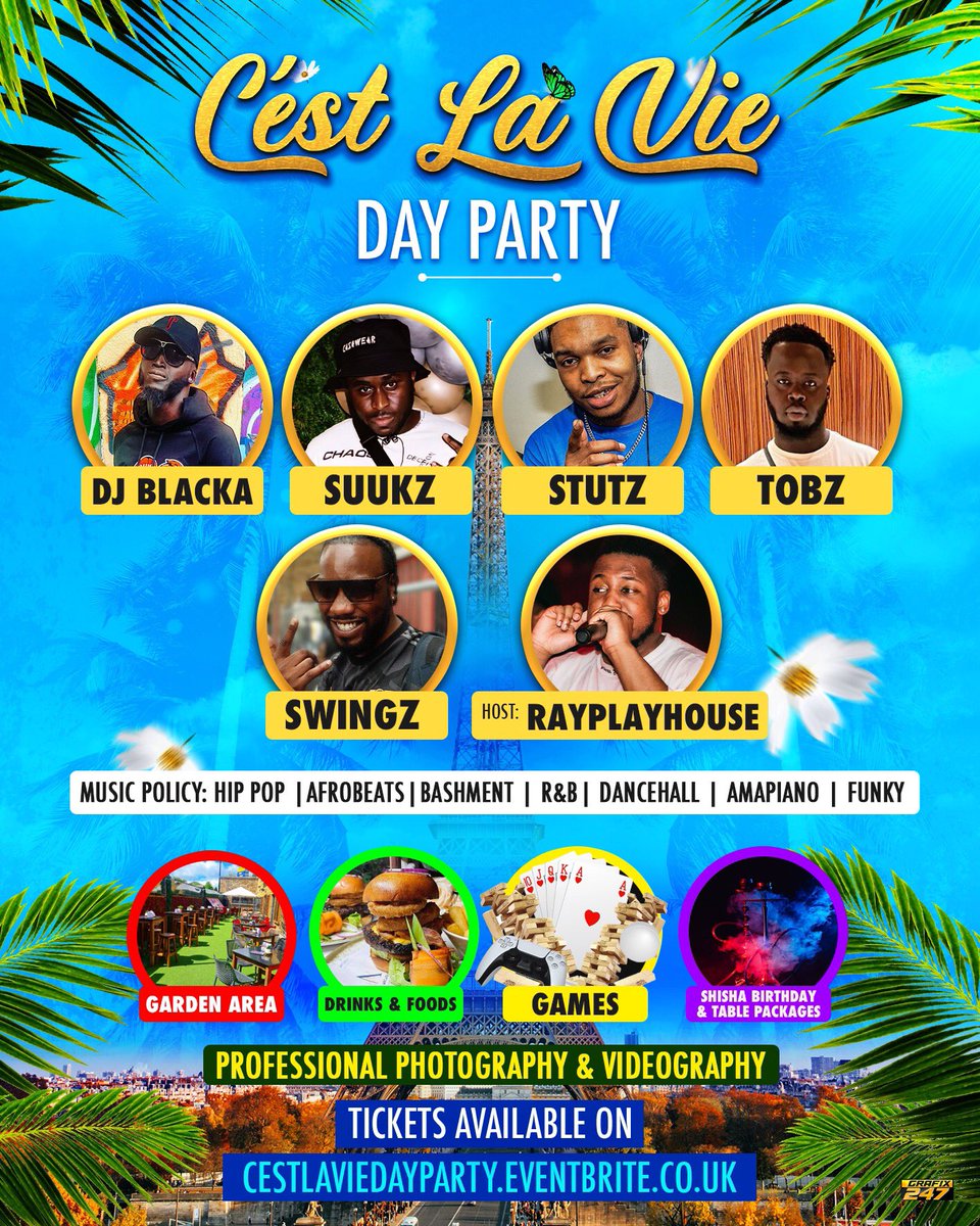 Fall Off Ent X Mad Ah Road Ent Presents CEST LA VIE 🤩
Bank Holiday Day Party 🎉 

🗓️ Sunday 28th May 🗓️
⏰ 4pm- Late ⏰ 
⛔️ 21+ ID Required ⛔️
🎵London Finest DJs 🎵

Shisha | Cocktails | Fun Games &amp; Live Entertainment All Day ✅ 💨🍹🎉

🎟️ Tickets Available Via Eventbrite 🎟️
