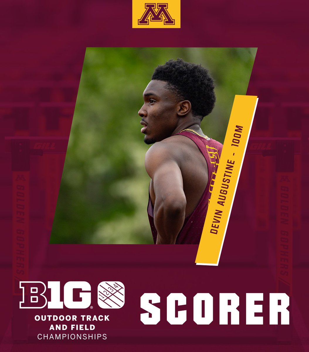 The #Gophers scored 1⃣9⃣ points in the 100m! 🤯

Carlon Hosten runs a lifetime best 10.22 (-0.4 m/s) while Devin Augustine clocks a 10.35 to finish seventh overall in their first @bigten finals. Next up, the 200m final! #B1GTF