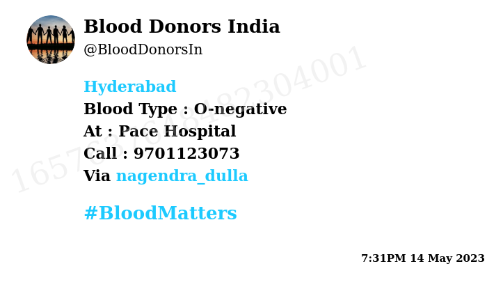 BloodDonorsIn's tweet photo. #SOS
#Hyderabad
Need #Blood Type :  O-negative
Blood Component : Blood 
Number of Units : Fifteen 
Primary Number : 9701123073
Patient : Kundhanika 
Illness : Liver Transplant 
Via: @nagendra_dulla
#BloodMatters https://t.co/hTJIftFpBu