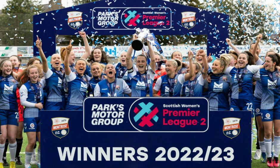 thecouriersport's tweet photo. Montrose FC Women lift SWPL2 silverware and prepare for elite football in next year’s top flight https://t.co/JzGU30IZZj https://t.co/FGGaNTEauh