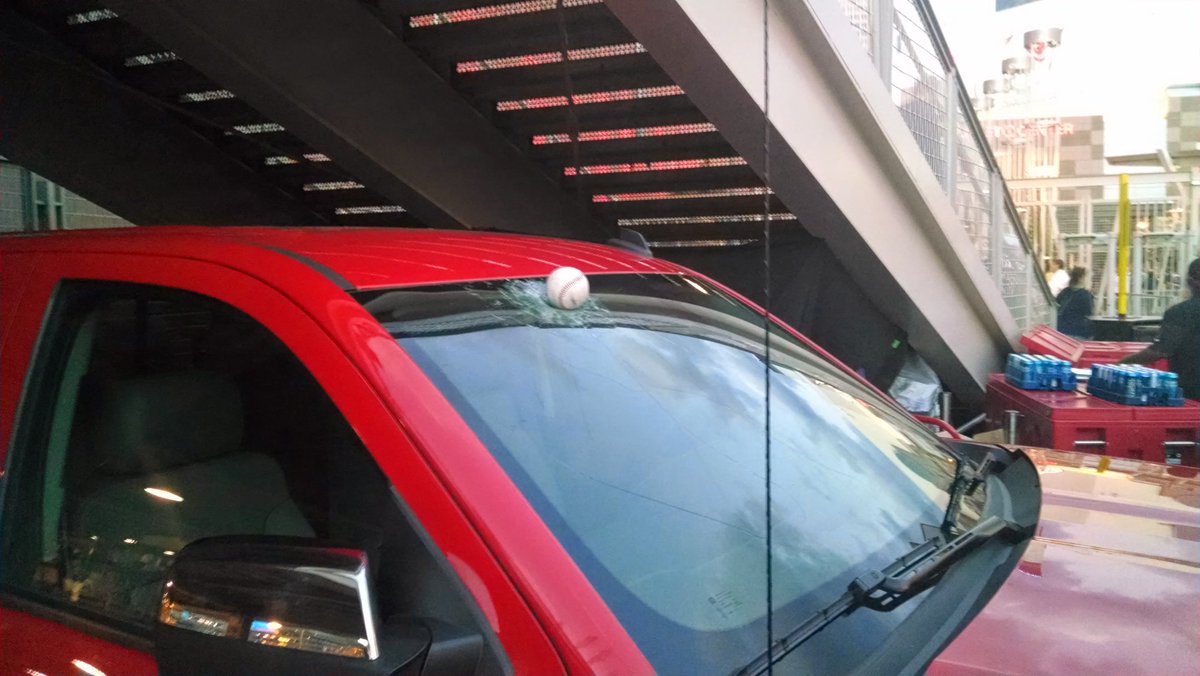 JKajer's tweet photo. @jzulgad Good thing there were no trucks out there. Galo did this at the Futures game back in '14. Someone put the ball there afterwards but he did break the windshield. https://t.co/9sQTpvpX2B