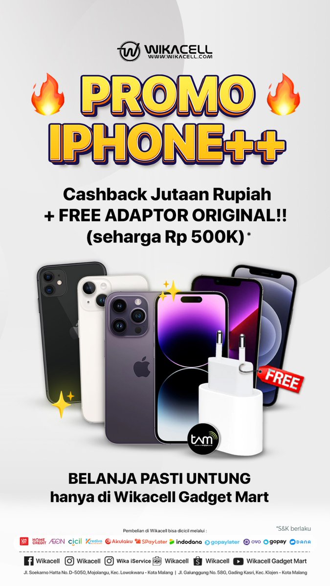 Beli iPhone Lebih Hemat dengan Promo Menarik! 
Cashback Jutaan Rupiah dan Adaptor Original Gratis senilai 500K 🙌
Hanya di Wikacell Gadget Mart!

<a href="/yusufgunawan/">Yusuf Gunawan</a> <a href="/kepanjen_kita/">#WalikotaKepanjen</a>