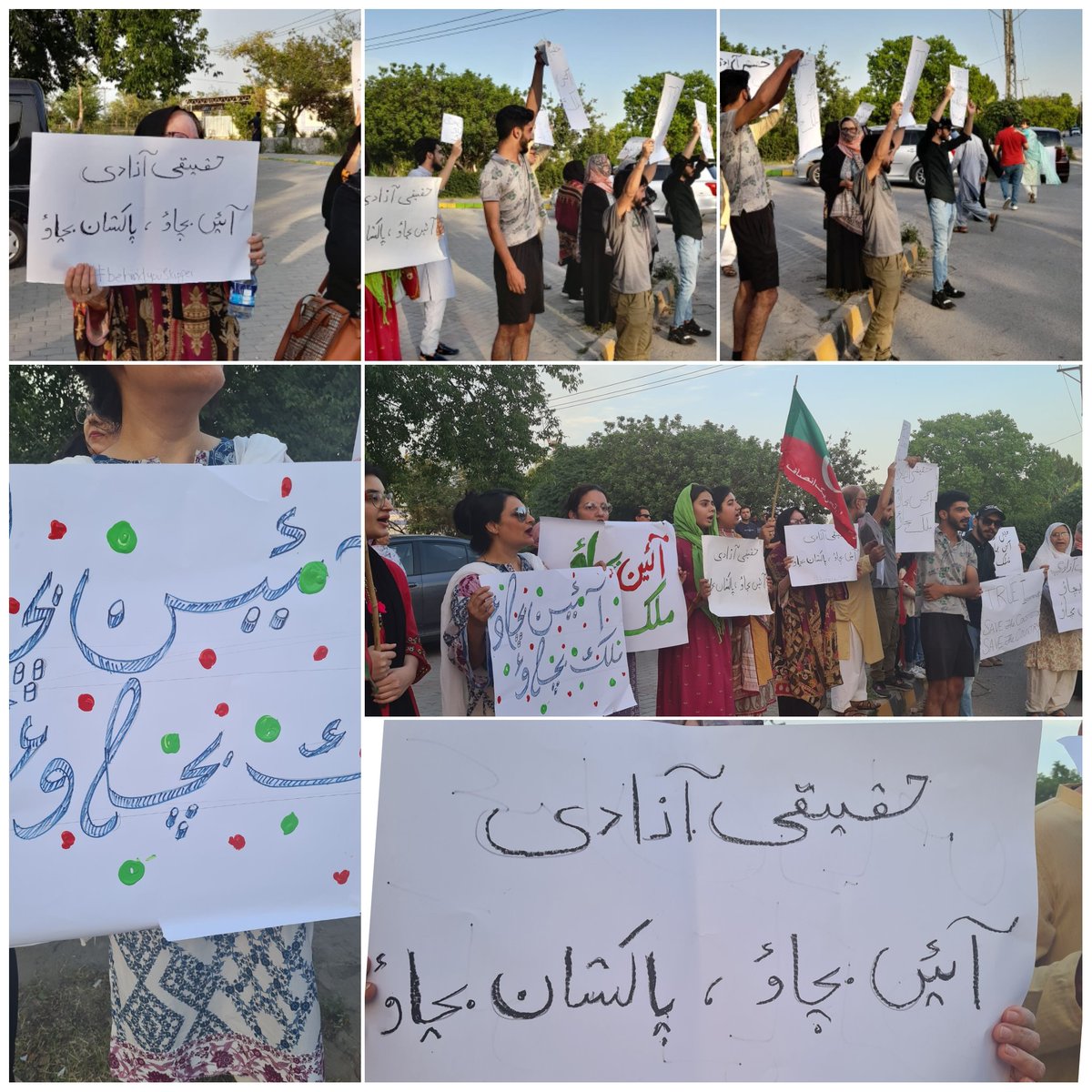 ZRygm9's tweet photo. @PTIofficial People proudly protested outside their houses and streets in I-8 Islamabad, holding posters with “protest for Haqeqi Azadi” as told them by their leader yesterday in his speech.
#BehindeYouskipper #protest https://t.co/1fhYaTPtNU