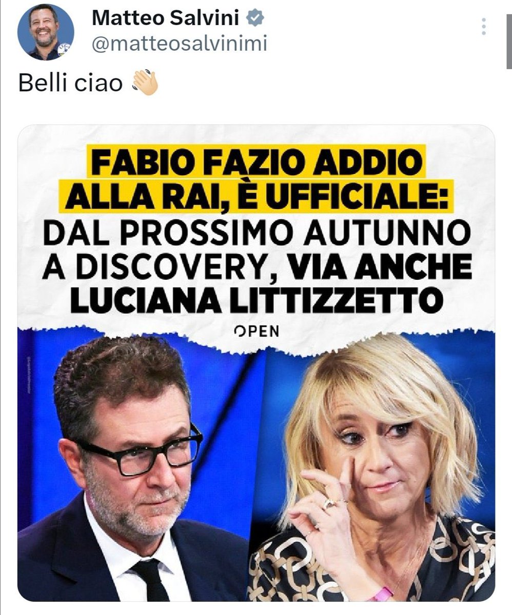 Un ministro che esulta per la cacciata di Fabio Fazio e Luciana Littizzetto dalla Rai è una vergogna per un paese civile e democratico, non sottovalutiamo queste cose, sono segnali molto gravi
#Salvini #democrazia #Rai #Fazio #Discovery