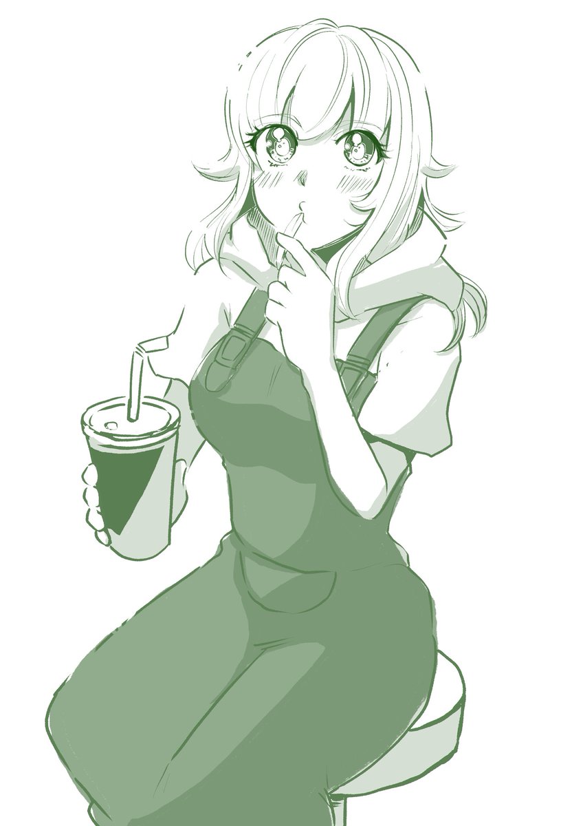 1girl solo drinking straw monochrome sitting green theme blush  illustration images