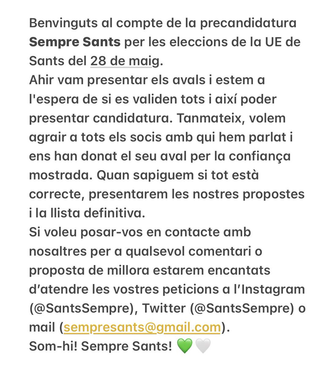 SantsSempre's tweet photo. Comunicat precandidatura Sempre Sants. 💚🤍
@sants3radio @D3Esportiu @btvesports @fsantsFM @onadesants @mundodeportivo @sport @uesants https://t.co/iHivx9Q1vn