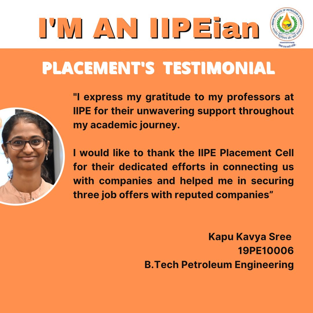 IIPE_vizag's tweet photo. 2023 Batch Placement’s Testimonial.

#iipe #iipeplacements #mopng #mnre #iit #iitjeeadvanced #2023campusplacements #pmo #oilandgas #chemicalindustry https://t.co/CStGcaGshk