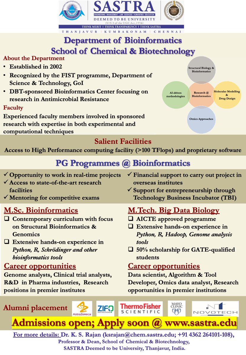 vmsrvignesh's tweet photo. The Dept of Bioinformatics .@SastraUniv invites applications to its 2-year MSc Bioinformatics and MTech Big Data Biology programmes. A vibrant research atmosphere and an innovation ecosystem - what else do you need as a stepping stone in your career?!! Apply NOW! https://t.co/vwQaPanPzj