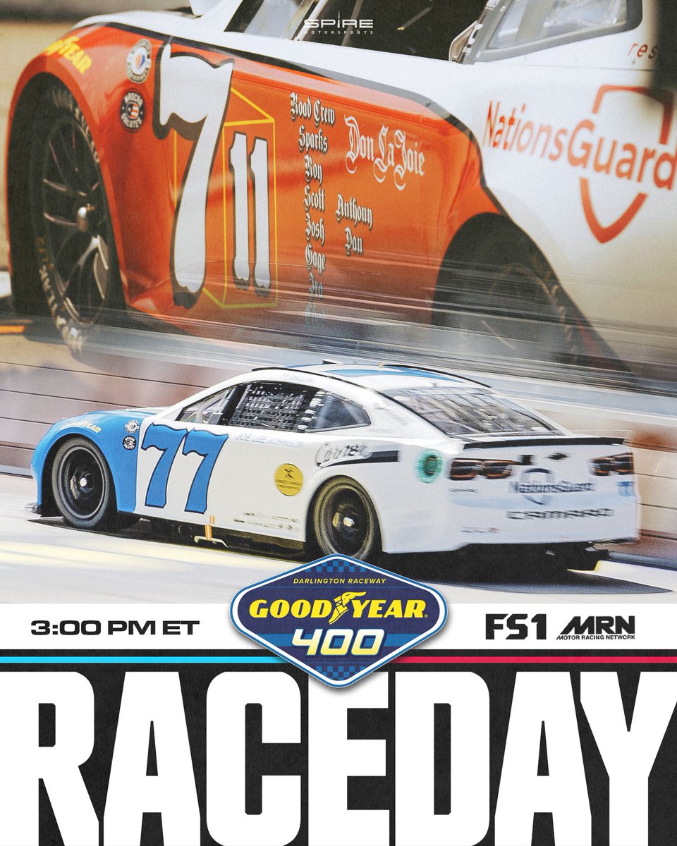 SpireMotorsport's tweet photo. Get ready, because it's raceday! See @tydillon and @CoreyLaJoie in their @GarnerTrucking and @NationsGuard Camaro's today on @FS1. #spiremotorsports #garnertrucking #nationsguard #NASCAR #cupseries #darlington https://t.co/CxULl6cBt9