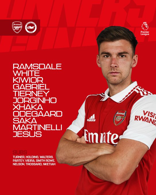 Starting XI: Ramsdale, White, Kiwior, Gabriel, Tierney, Jorginho, Xhaka, Odegaard, Saka, Martinelli, Jesus.

Subs: Turner, Walters, Holding, Partey, Vieira, Smith Rowe, Nelson, Trossard, Nketiah.