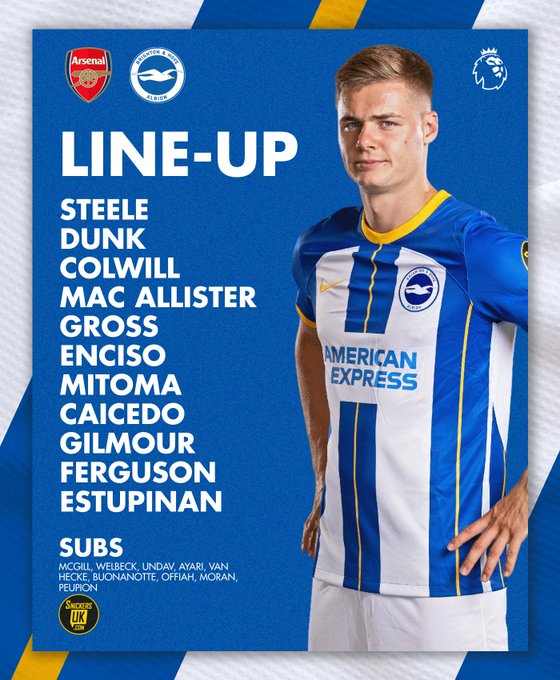 Albion's team to take on Arsenal featuring an image of Evan in our home kit. 

Steele, Dunk, Colwill, Mac Allister, Gross, Enciso, Mitoma, Caicedo, Gilmour, Ferguson, Estupinan. Subs: McGill, Welbeck, Undav, Ayari, van Hecke, Buonanotte, Offiah, Moran, Peupion. 

Come on Albion!