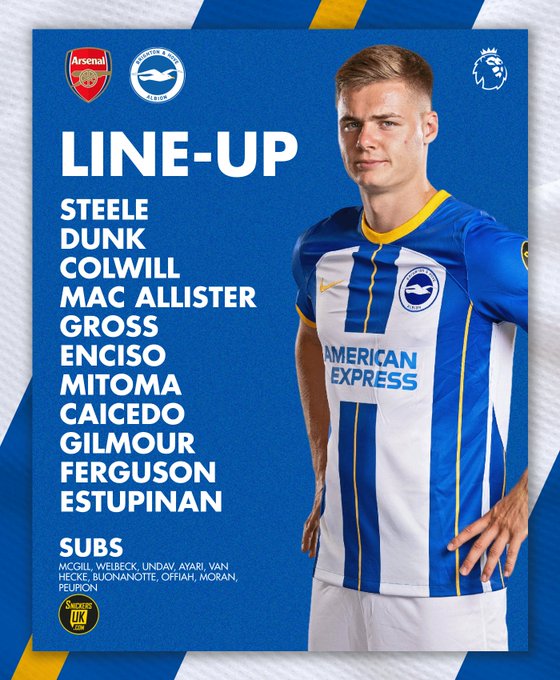 Albion's team to take on Arsenal featuring an image of Evan in our home kit. 

Steele, Dunk, Colwill, Mac Allister, Gross, Enciso, Mitoma, Caicedo, Gilmour, Ferguson, Estupinan. Subs: McGill, Welbeck, Undav, Ayari, van Hecke, Buonanotte, Offiah, Moran, Peupion. 

Come on Albion!