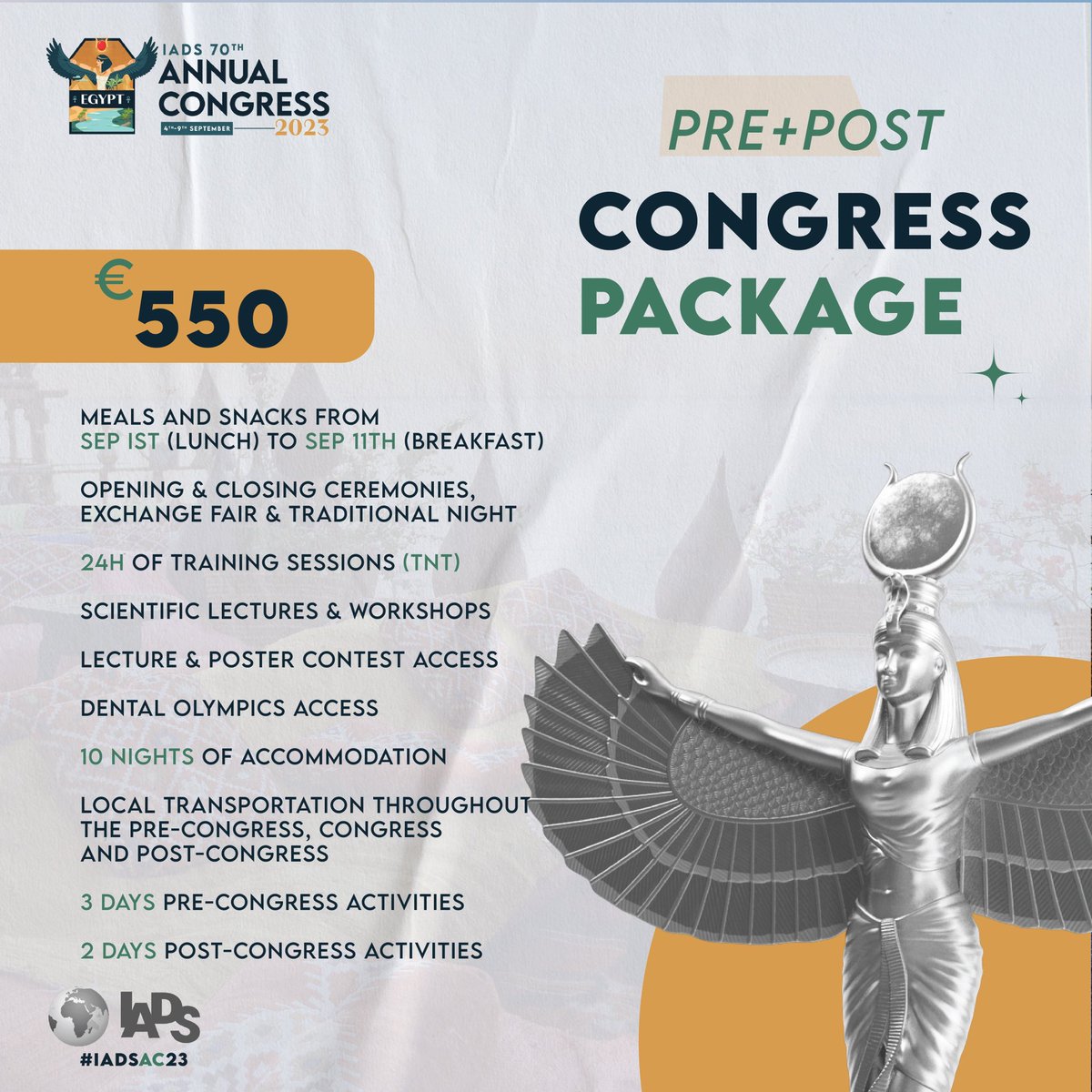 The registration for the IADS 70th Annual Congress is NOW OPEN! Check out the congress packages! Register: congress.iads-web.com Dive into an unforgettable experience with us! 🇪🇬 #iadsac23 #dentalstudents #togetherisbetter #iadsacegypt #exploreegypt