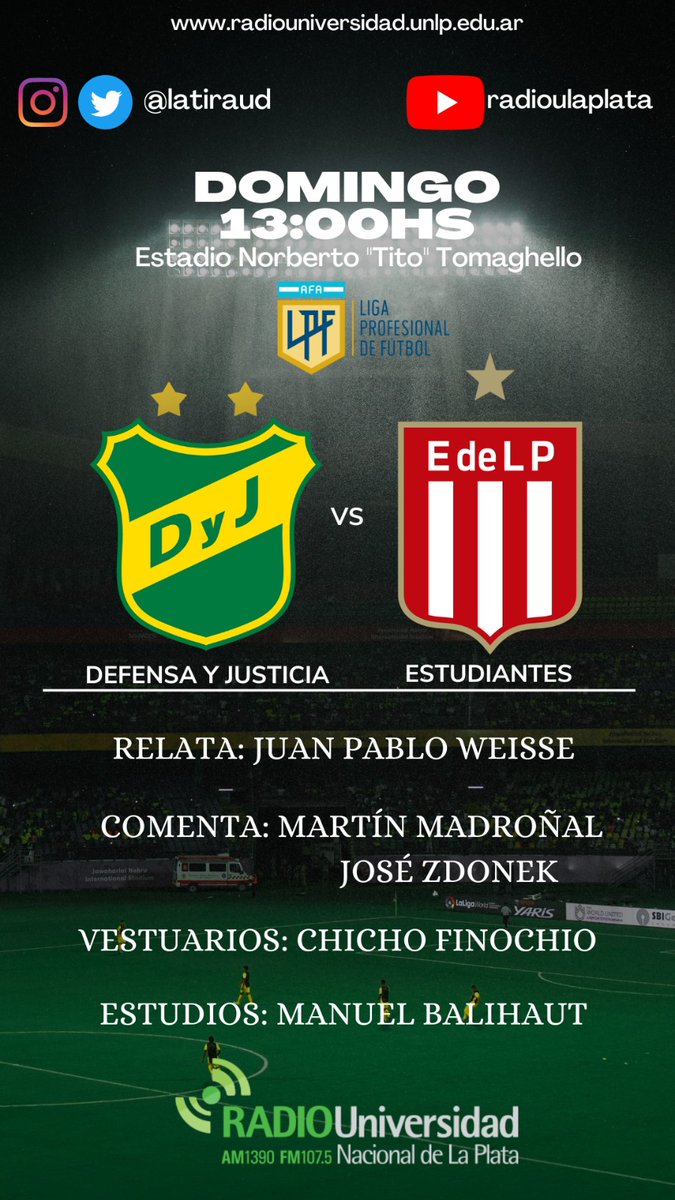 #SentimosElFutbol⚽
⏰ 14hs

#DefensayJusticia 🆚 #EDLP

🎙Relata: <a href="/JWeisse/">Juan Pablo Weisse</a> 
 🗣Comentan: <a href="/emealcubo1/">Martin Madroñal</a> <a href="/JoseZdonek/">José Manuel Zdonek</a> 

 Junto a <a href="/lucasfinochio/">Chicho Finochio</a> Manuel Balihaut y equipo
 
📻 <a href="/radioulaplata/">Radio UNLP</a>
📱 youtube.com/@radioulaplata
🌐radiouniversidad.unlp.edu.ar
