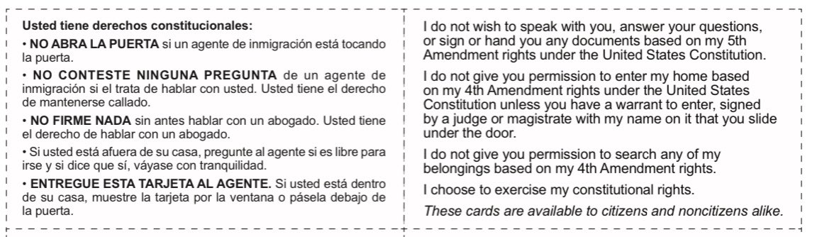 MadeInTheUSANJ's tweet photo. FLORIDA: YOU have Constitutional rights!
Citizens
Non- citizens
Guests
Travelers.
Do NOT open the door.
Do NOT Answer any questions
Do NOT Sign anything
DO - give this card to the agent.
#ThisIsStillAmerica https://t.co/BZkhfmp7Kk