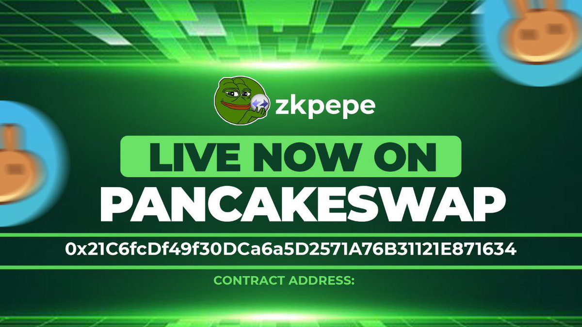 zkpepeofficial's tweet photo. 😄ZKPEPE IS NOW LIVE ON PANCAKESWAP ✅

[0% BUY / SELL TAX] 

📈Contract Address:-
0x21C6fcDf49f30DCa6a5D2571A76B31121E871634

🐰Pancakeswap Link:
https://t.co/oZ1NoJAB7K

📈Chart
💩https://t.co/BmV8iItITP
🐱https://t.co/JbS1LEC3ob https://t.co/uOtKnHDsQT