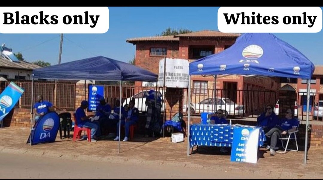 wandile24796727's tweet photo. A gazebo for Blacks &amp; a gazebo for Whites in the @Our_DA racist arrangement. Pay a close attention to the gazebos they don't even look the same 😂😂😂  

So black voters are meant to go to the black side to check their names &amp; white voters to the white side to check their names. https://t.co/aeRfrfsyDb