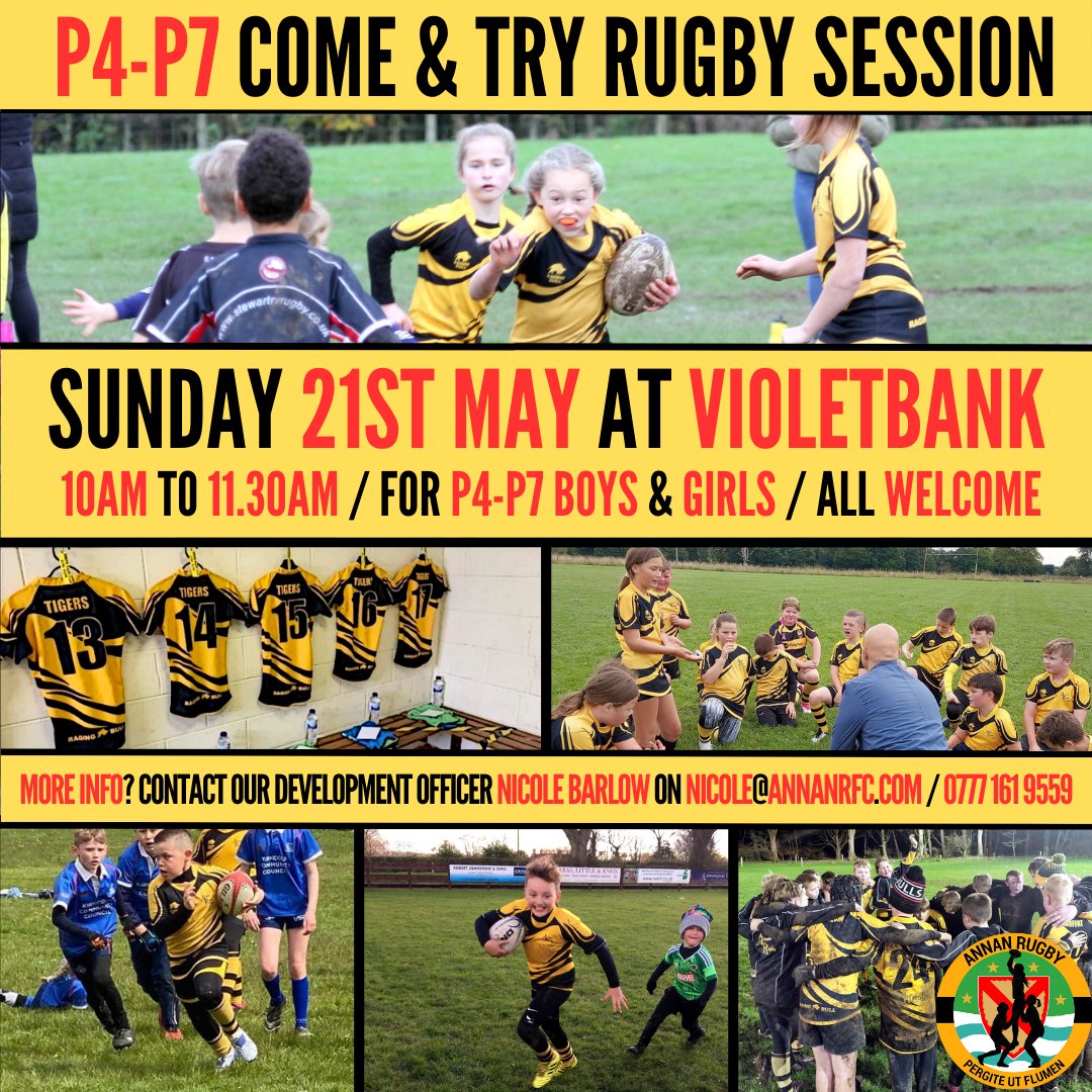 AnnanRugby's tweet photo. P4-P7 BOYS &amp; GIRLS COME AND TRY RUGBY SESSION

This Sunday 21st May up at Violetbank. 10am to 11.30am

For all P4-P7 Girls and Boys.

All welcome.

Questions and/or need more info? - then please contact Nicole on Nicole@AnnanRFC.com / 07771 619559

#MonTheRugby https://t.co/unVbYhNB0j