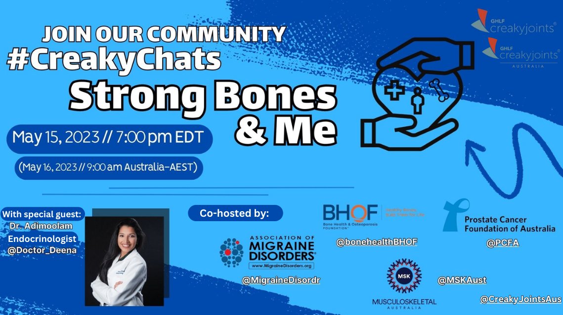 CreakyJoints's tweet image. TONIGHT! Set your #CreakyChats reminders 🚨 

We'll be exploring healthy bones with an all-star lineup of guests. So join us and our friends @Doctor_Deena, @bonehealthBHOF, @MigraineDisordr, @PCFA, @MSKAust, AND @CreakyJointsAus tonight at 7:00 pm EDT.