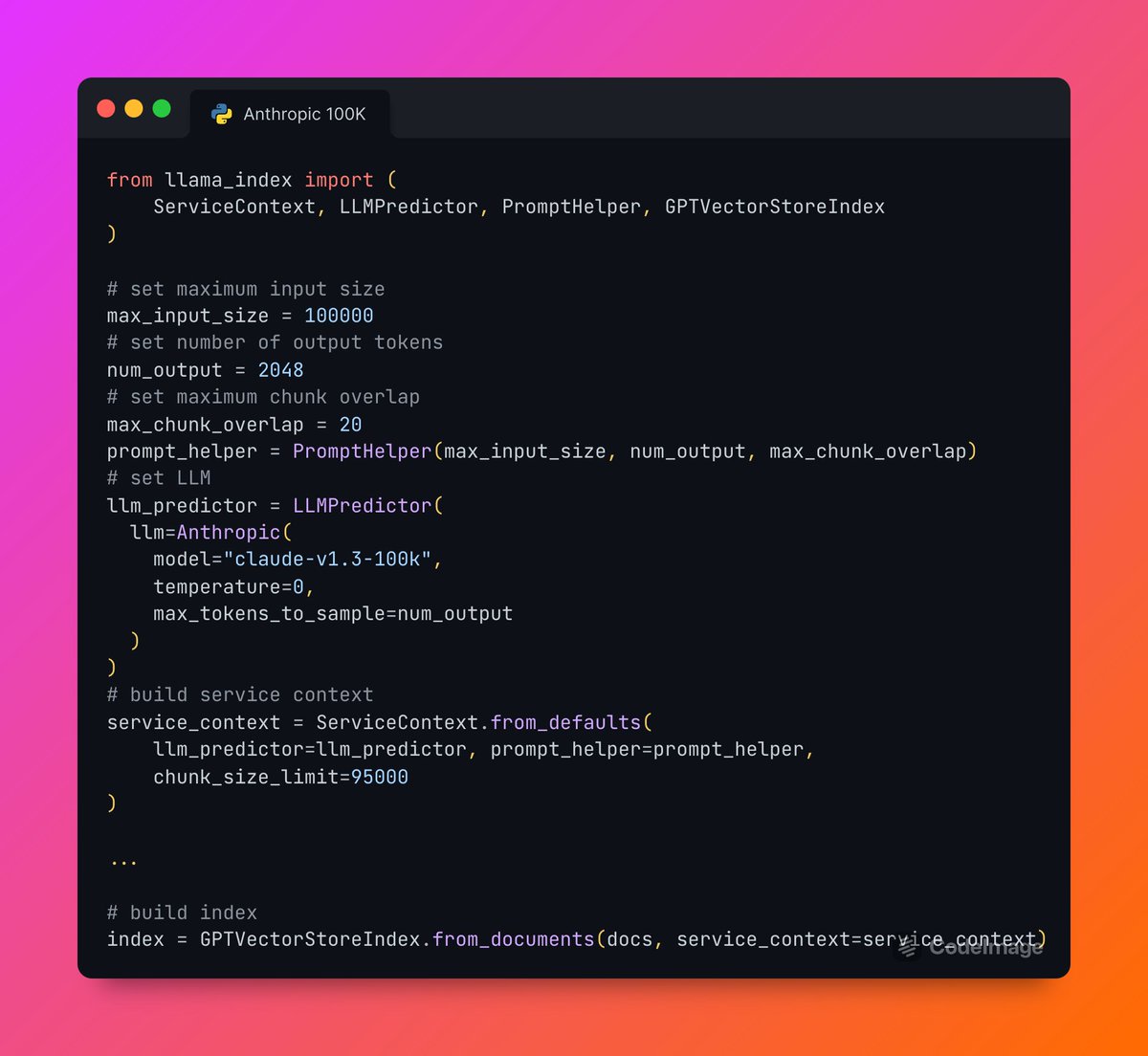 llama_index's tweet photo. It's easy to use @AnthropicAI 's 100K context window model in LlamaIndex: Just set some key params, like max input size and output length.

If you haven't seen it already, we have a full blog post using Claude-v1.3-100k on @Uber SEC filings! 💵📝  https://t.co/OHOQ8w4b5i https://t.co/2HG1MHsisd