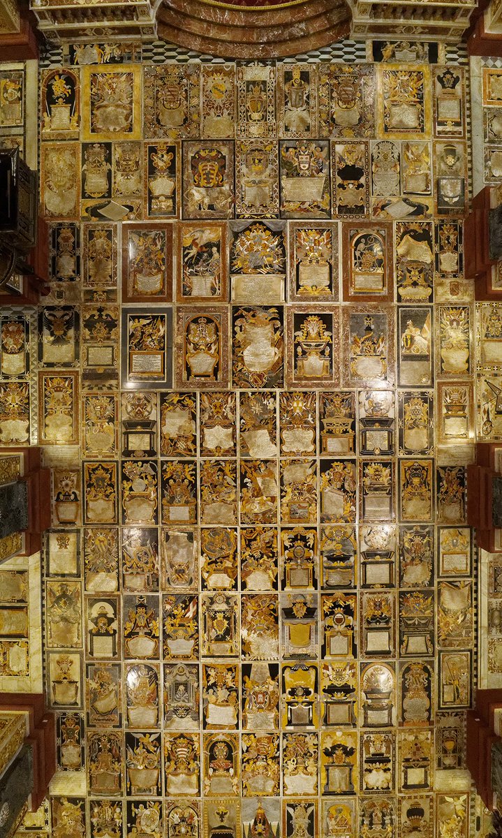 JustHistoryPost's tweet image. The floor of St John's Co-Cathedral, Valletta, Malta, made in the 17th century. Formed of around 400 marble tombstones commemorating some of the most illustrious knights of the Order of St John, they are carved with Latin epitaphs and decorated with colourful symbols #churches