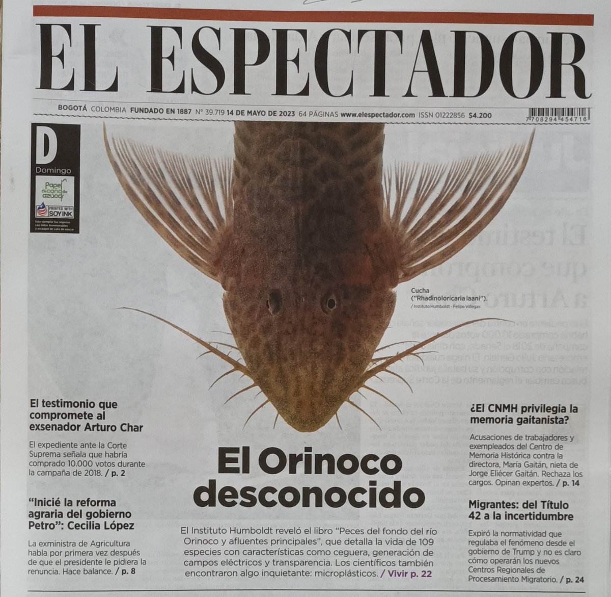 SergioSilva03's tweet photo. ¿Ya vieron la portada de El Espectador este domingo?✍️

La historia de cómo el equipo de científicos de @classoalcala exploró el segundo río más hondo de Colombia. 

Encontraron peces incríbles. Pero...algunos con microplásticos. 🤯

Por @Cegz95

https://t.co/J3H8MmUZBS https://t.co/TLDqP9eL3M