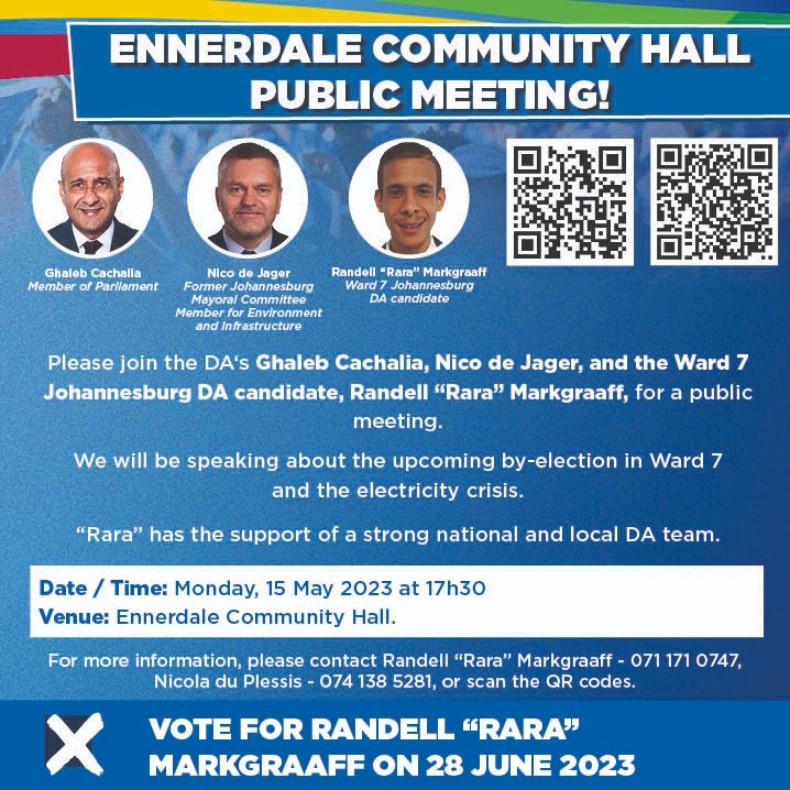 jo_horwitz's tweet image. Come one, come all to an important public meeting where @RandellMarkgraaff #RARA will be taking your questions #DAontheground #DAgetsthingsdone #Ennerdale #VoteDA