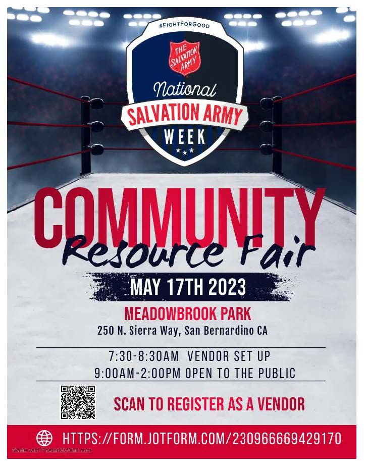 ElectMikki's tweet photo. Please attend The Salvation Army Community Resource Fair May 17 in San Bernardino
https://t.co/MKRMM01YdO
https://t.co/j5LgDPekFU https://t.co/zbtgsvi1zI